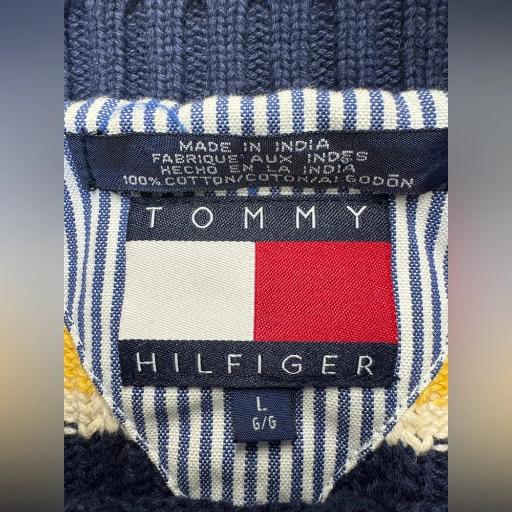 VTG Tommy Hilfiger Cable Knit navy Sweater mens sz Large 90s Y2K‎ striped rugby
